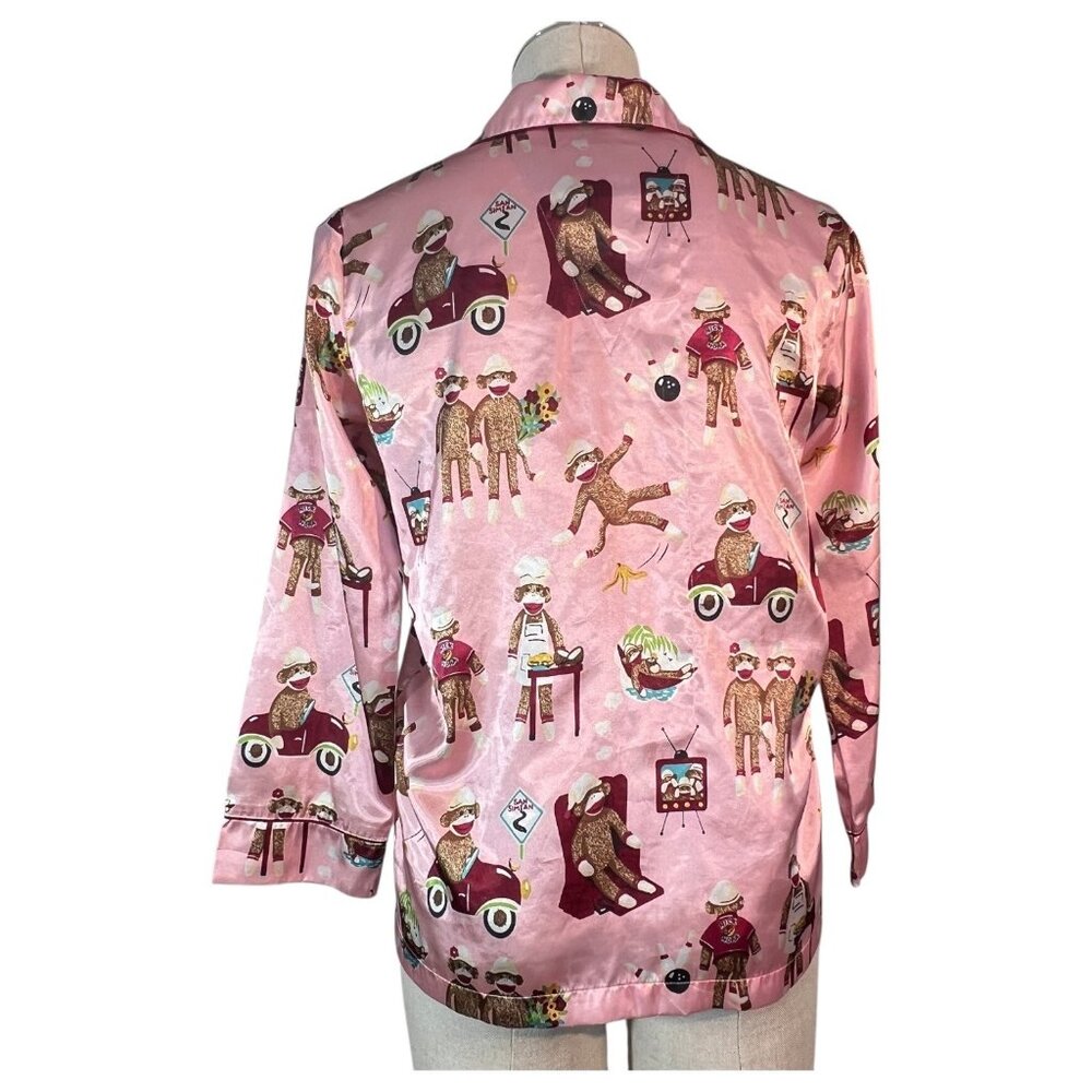Nick & Nora Womens Pink Sock Monkey Pajama Top Size Large bowling TV Car Poly - Picture 4 of 9